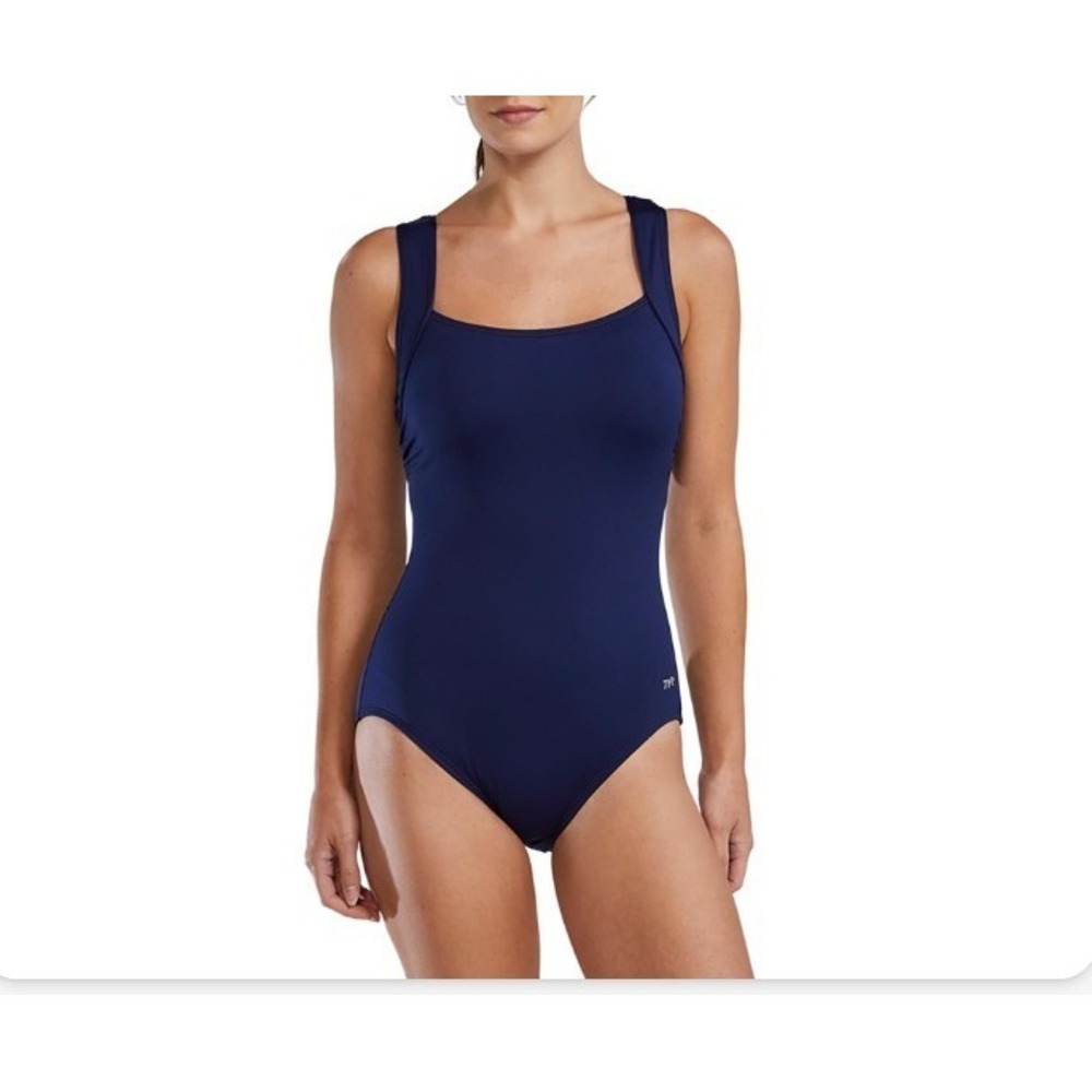 NWT TYR Women's Solid Square Neck Controlfit Swimsuit Navy Blue Size 16 Durafast